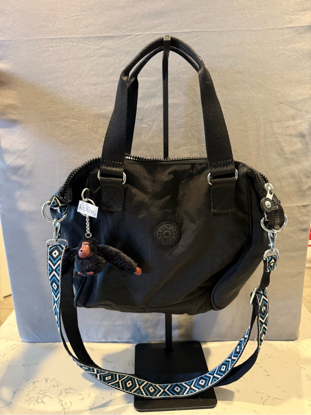 Kipling Black Nylon Satchel with Patterned Blue Strap